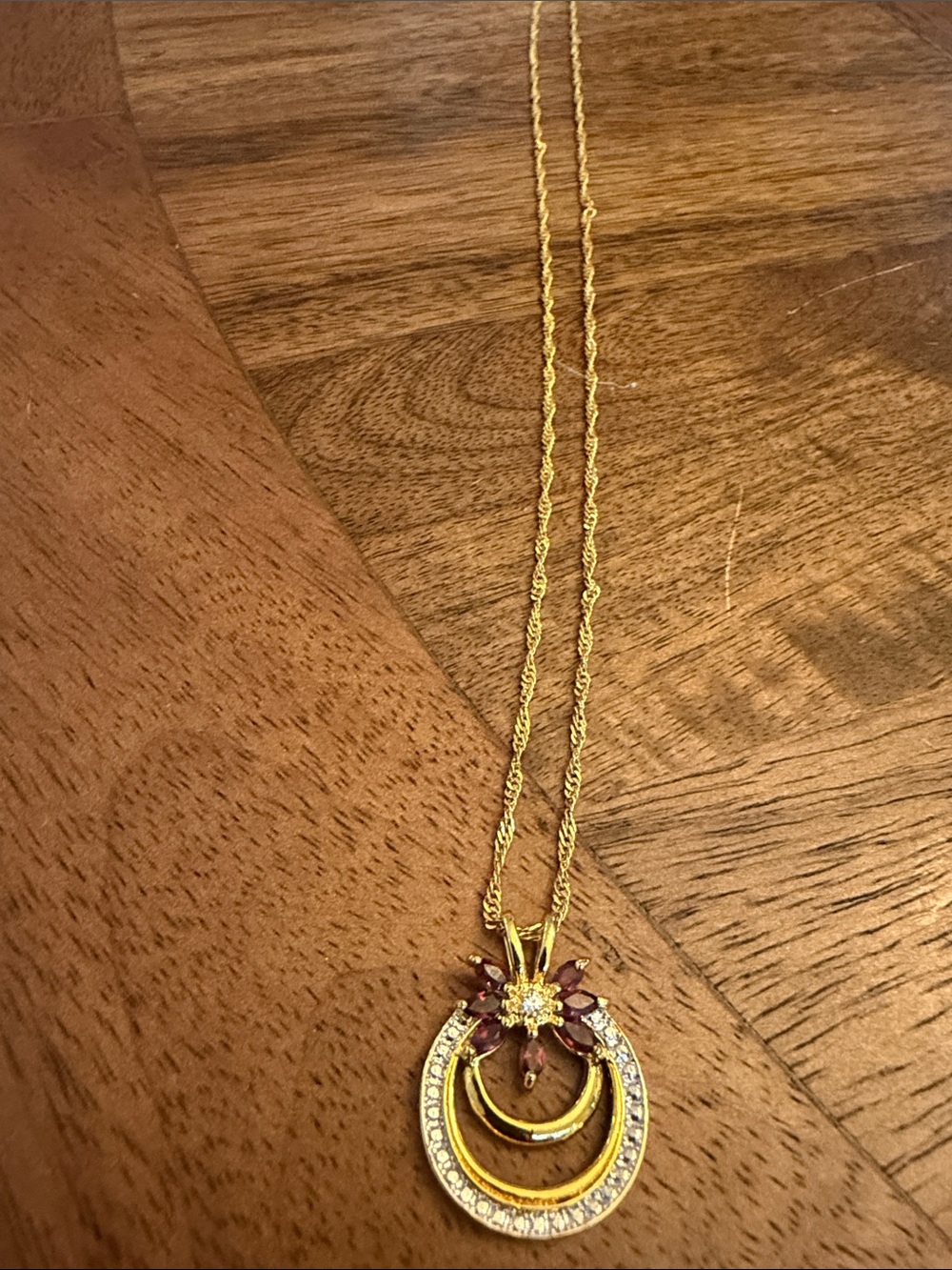 Gold-Tone Garnett Flower & Crescent Pendant 22” Necklace